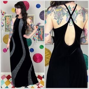 Vintage 1990s Black Stretch Velvet Silver Glitter Halter Dress